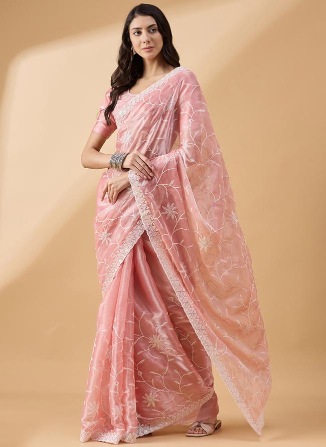 Tissue Slub Peach Party Wear Sequence Work Saree